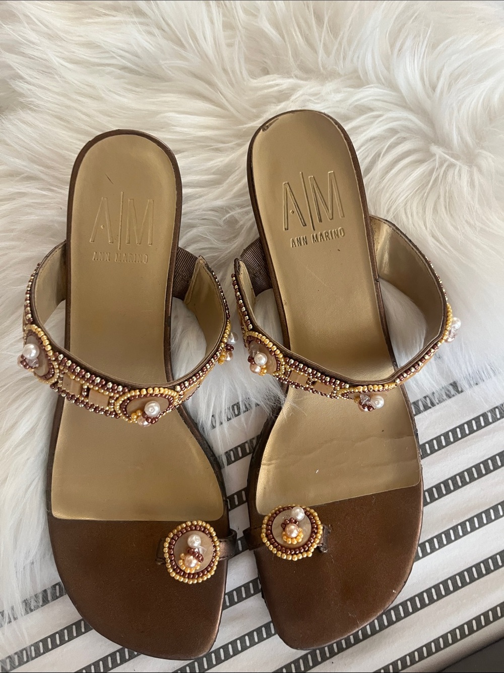 Ann Marino Brown Beaded Pearl-Accent Slide Sandals